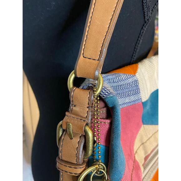 Fossil Patchwork Suede canvas Fold over messenger Top Handle Boho Charms - Picture 4 of 9